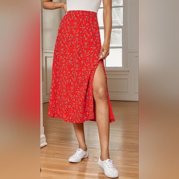 Lulus Dresses & Skirts - Lulus Bliss Me Red Floral Print Midi Skirt Size Small